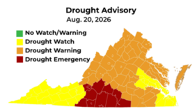 A map of Virginia drought advisories as of August 20th, 2026.