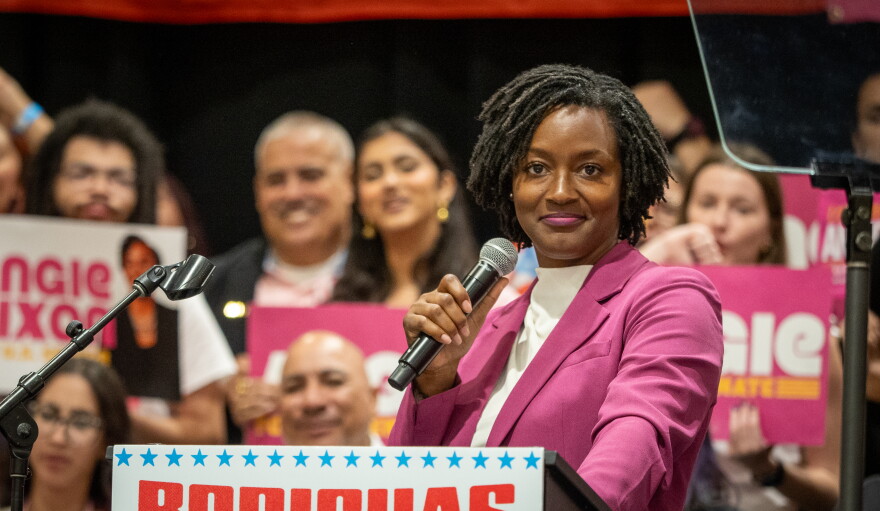 Jacksonville state Rep. Angie Nixon pauses for effect during a rally in Kissimmee for her U.S. Senate Campaign on Tuesday, Oct. 27, 2026.