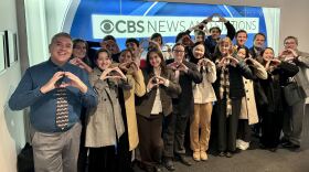 University of Oregon Professors Brian Bull (far left) and Damian Radcliffe (far right) and their students at CBS News New York
