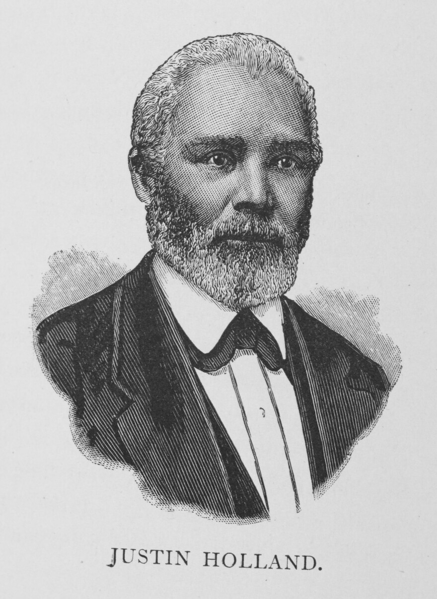 Black and white lithograph image of a bearded man with greying hair in a tuxedo