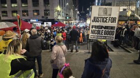 Rallygoers at a Jan. 8 Cincinnati event protesting the ICE shooting death of Renee Good in Minneapolis.