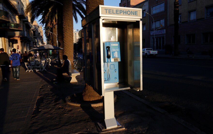 A public telephone booth in Asmara, Eritrea. Ethiopians and Eritreans called each other as phone lines that had been dormant for decades came to life.