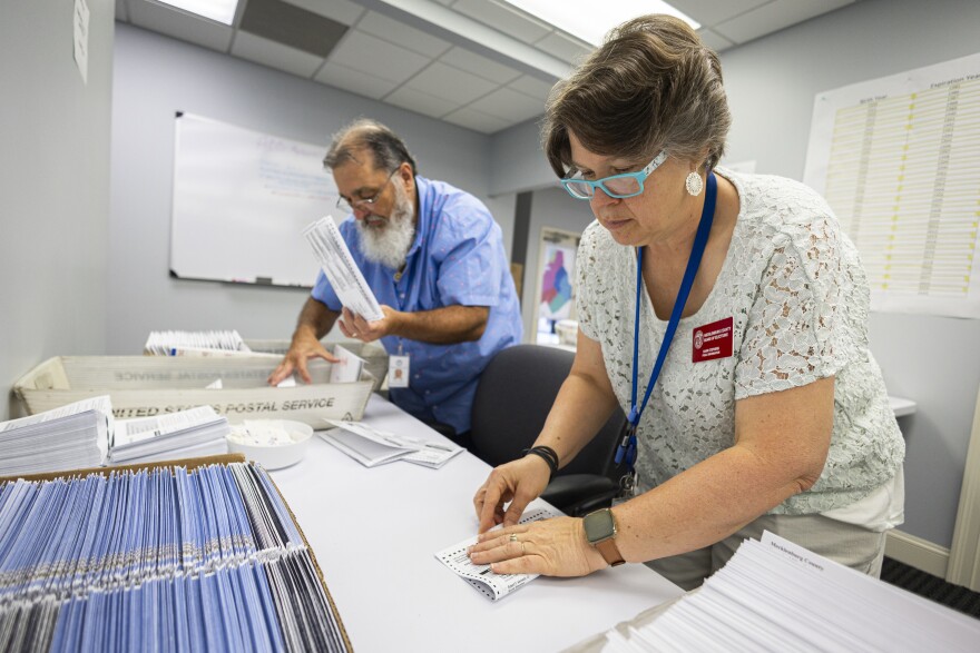 Dawn Stephens, right, and Duane Taylor prepare ballots to be mailed at the Mecklenburg County Board of Elections in Charlotte, N.C., Thursday, Sept. 5, 2024. (AP Photo/Nell Redmond)