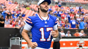 Buffalo Bills quarterback Josh Allen enters the field before a preseason NFL football game against the Cleveland Browns, Saturday, Aug. 22, 2026, in Cleveland.