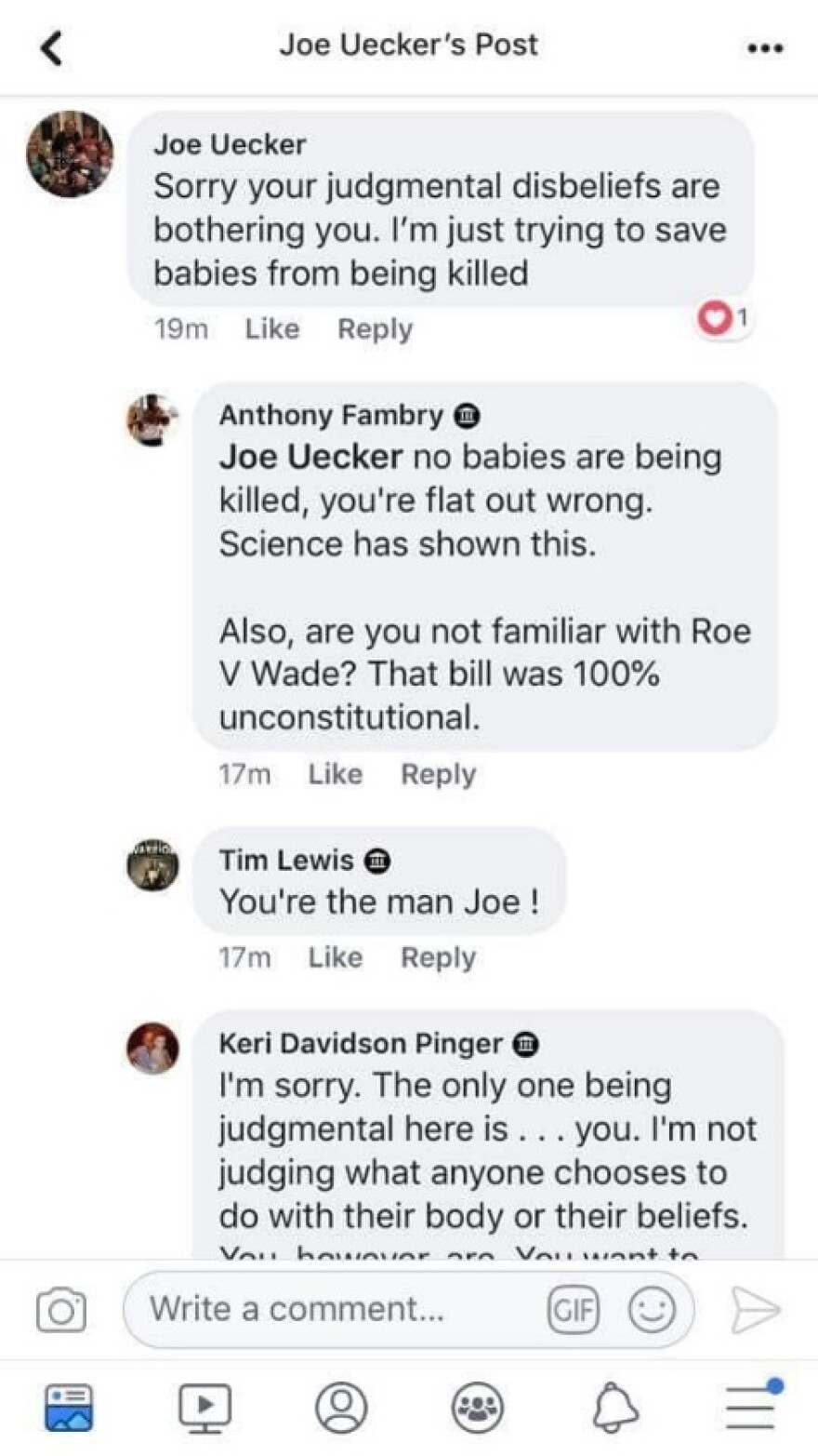 A screenshot of the debate between Sen. Joe Uecker (R-Miami Township) and constituent Anthony Fambry on Uecker's professional Facebook page.