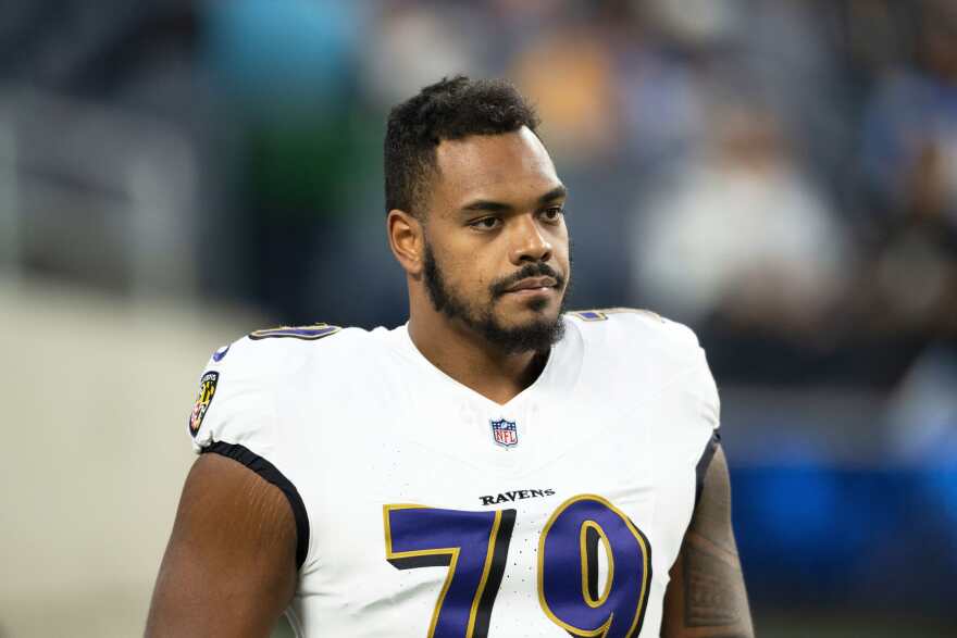 Baltimore Ravens offensive tackle Ronnie Stanley (79) walks on the field before an NFL football game against the Los Angeles Chargers, Monday, Nov. 25, 2024, in Inglewood, Calif. (AP Photo/Kyusung Gong)