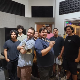 Benny Benack III, FGCU Director of Jazz Studies Brandon Robertson and musicians with the FGCU Jazz Combo performed live in the WGCU Performance Studio. (combo members include Eduard Barcela on piano, Gabe Burgos on bass, Jonathan Eysaman on tenor saxophone, Diego Figueredo on trumpet, Robert Law on drums, and Alejandro Ramirez-Morales on guitar.)