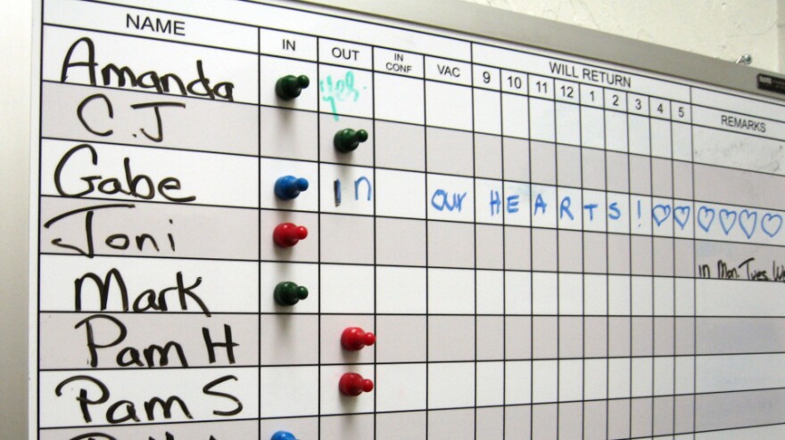 While Rep. Giffords recovers, her staff has continued to work. As this file photo of the office's in/out board shows, though, they do so knowing that one aide — Gabe Zimmerman — was killed in the Jan. 8 rampage.