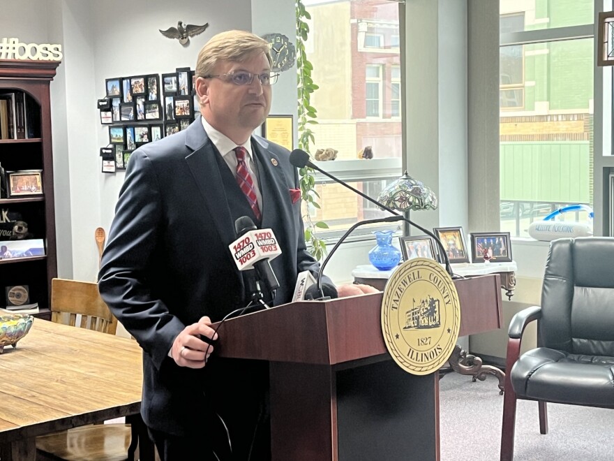 Tazewell County Clerk John Ackerman tells media about the 2024 presidential election cases of double voting in his Pekin office.