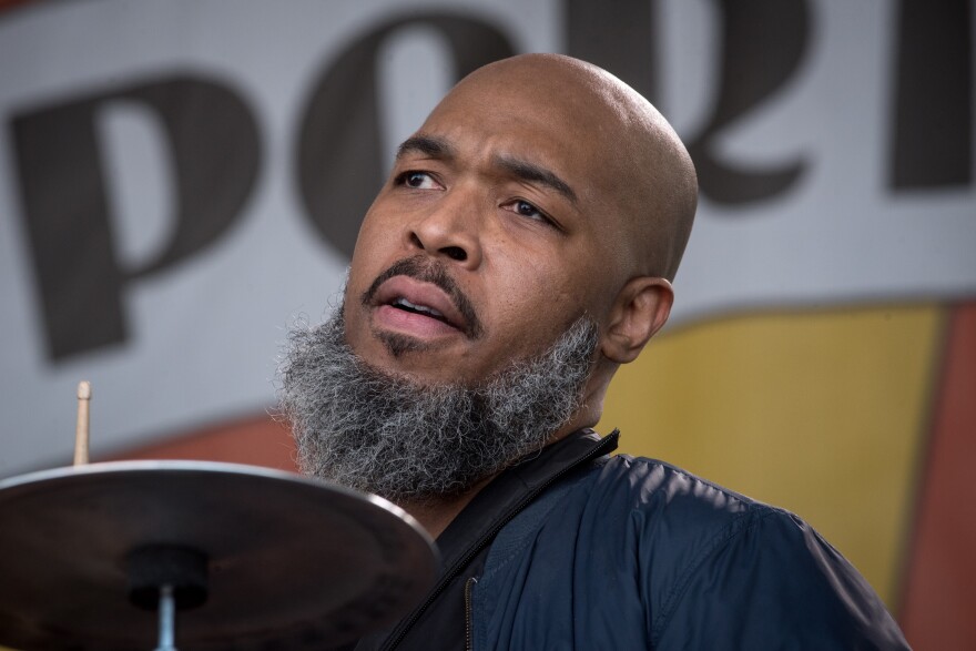 Eric Harland performing with Chris Potter Circuits Trio at the 2021 Newport Jazz Festival.