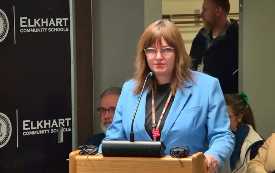 Assistant Superintendent Amy Rauch addresses the Elkhart Community Schools board Monday, explaining how consolidating programs will streamline services while maintaining student support.