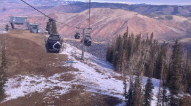 Bare ground is seen from the Silver Queen Gondola on Opening Day at Aspen Mountain, November 27, 2025.