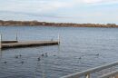 A wide area of water along the Erie Canal with several boat docks and a dozen ducks.