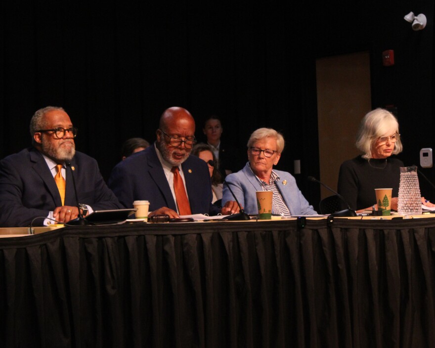 From left: Rep. Troy Carter (D-La.), Rep. Bennie G. Thompson (D-Miss.), Rep. Chellie Pingree (D-Me.), and (Rep. Katherine Clark (D-Mass.) at a field hearing in Biddeford on Monday, August 17th, 2026. 