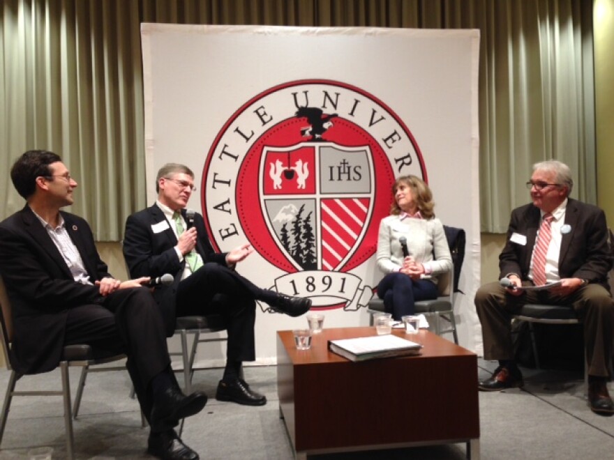 Left to right: Bob Ferguson, Pete Holmes, Joni Balter and Larry Hubbell at a marijuana forum at Seattle University.