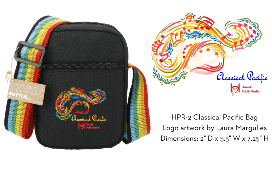 Mock-up of the HPR-2 Classical Pacific Bag, available at $12.50/month (or $150/year). It is a small black zip bag with an adjustable rainbow strap featuring the colorful Classical Pacific Logo.