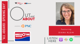 The image features a photo of Diana Klein, Executive Director of the Wheels O’ Time Museum. The image has the quote “ALL ABOARD: OPENING DAY”, with a graphic icon to promote the event that reads Wheels O’ Time Museum. As always, the graphic artwork also features an icon of the podcast’s sponsor PNC Bank as well as various podcast platforms where the Out and About podcast can be heard. 