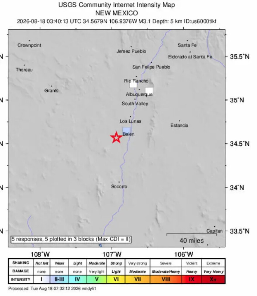 A map shows the location of a magnitude 3.1 earthquake near Belen on Tuesday, Aug. 18, 2026.