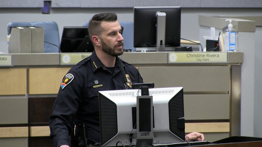 Las Cruces Police Chief Jeremy Story talks at a town hall meeting.
