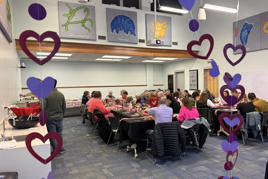 Couples eat Valentine's Day dinner in a conference room at West Boise Water Renewal Facility.