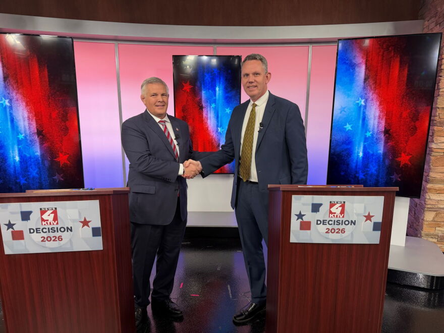 Republican Chris McGowan and Democrat Dave Dawson discussed issues in a debate for Iowa 4th congressional district candidates. (Sheila Brummer, Iowa Public Radio)