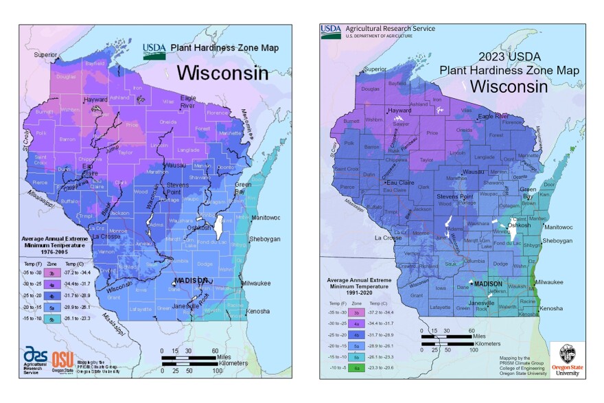 The 2012 Plant Hardiness Zone Map (left) compared to the 2023 Plant Hardiness Zone Map (right). The state gained a warmer zone and the coldest zone shrunk significantly.