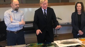 Bill Weld--former Massachusetts Governor and 2020 GOP challenger to President Trump--met with scientists at the Woods Hole Research Center on Monday. Also pictured: Gregory J. Fiske, senior geospatial analyst; Leslie Marshall,  journalist and Weld's wife.