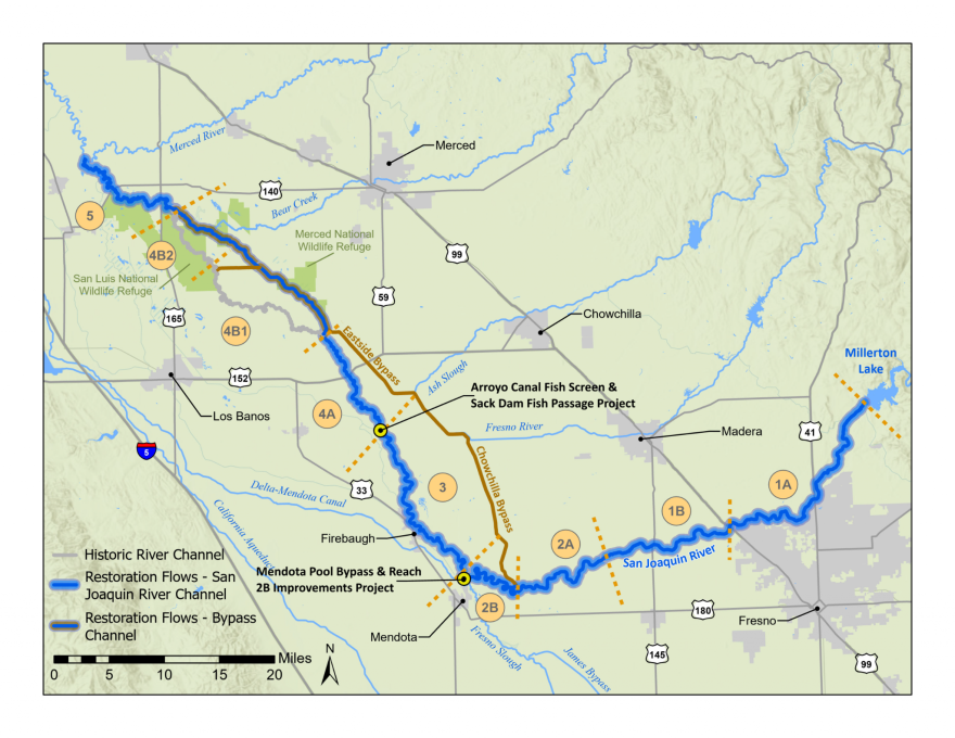 The 152-mile stretch of the San Joaquin River where salmon are being returned.
