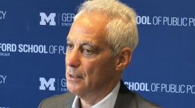 Rahm Emanuel at the University of Michigan following his address in Detroit.