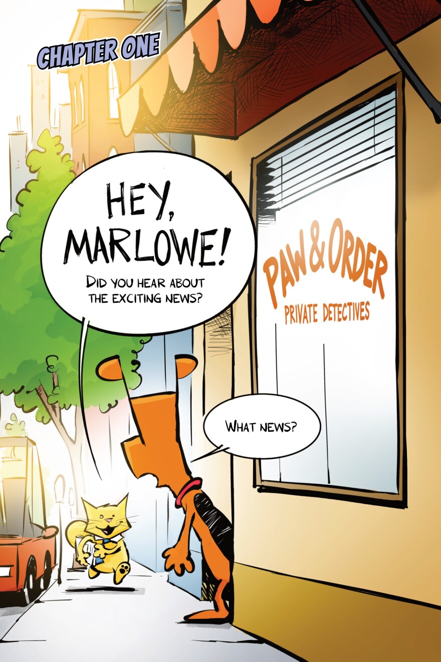The pet detectives Purrlock and Marlowe in the new "Paw & Order: The Night of the Comet."