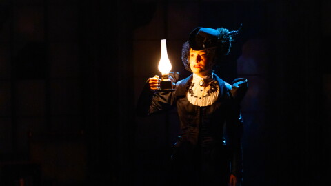 Actor Sara Gutierrez, as Mina, delivers the opening lines of Hartford Stage’s current adaptation of ‘Dracula’ by Morgan Lloyd Malcolm.