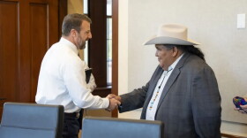 Secretary of Homeland Security Markwayne Mullin meets with the Tohono O’odham Nation Chairman Verlon Jose at Department of Homeland Security headquarters in Washington on April 21, 2026.