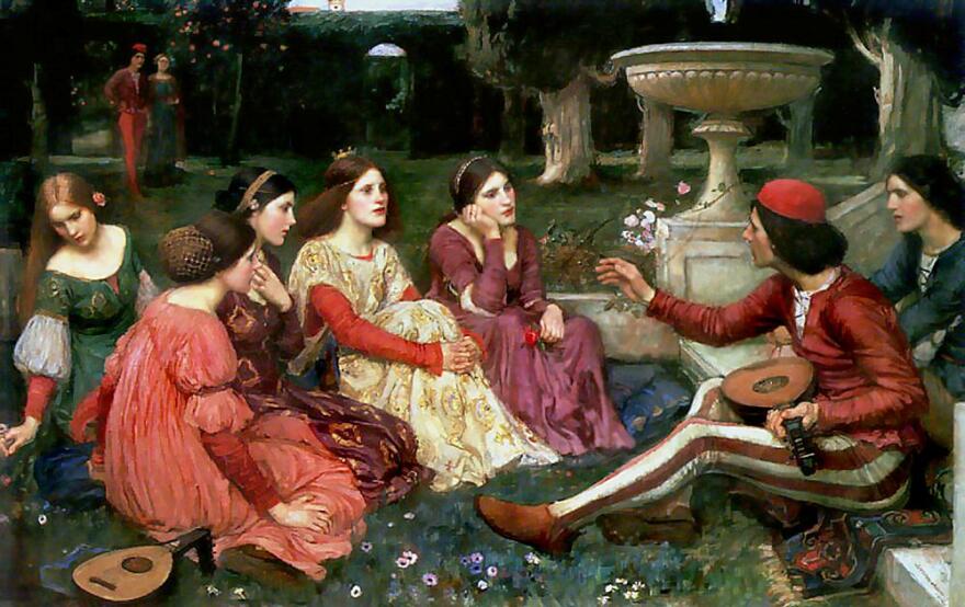 Painter John William Waterhouse depicts a scene from the frame story of Boccaccio's "Decameron."