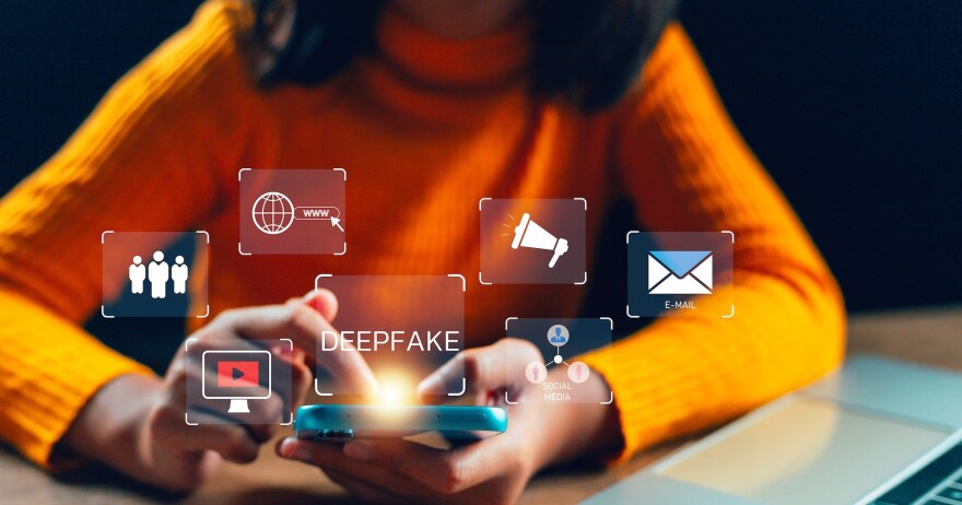 A blurred person looking at their phone. There are digitally added pop-ups of email, an alert, social media, videos, the internet, and the word "deepfake."