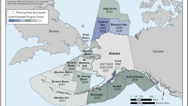 map showing Alaska and zones of the ocean around it with various dates