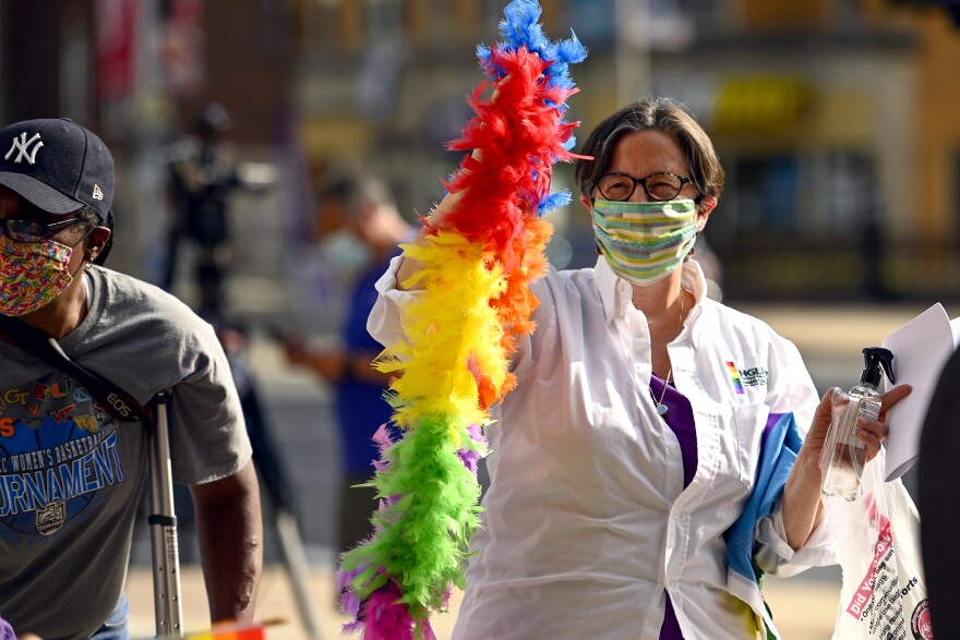 Linda Estabroock, executive director of the Hartford Gay & Lesbian Health Collective shows up ready for the rally held at Hartford City Hall to celebrate the historic decision from the Supreme Court to extend protections for LGBTQ workers across the nation on June 15, 2020 in HARTFORD, Connecticut.