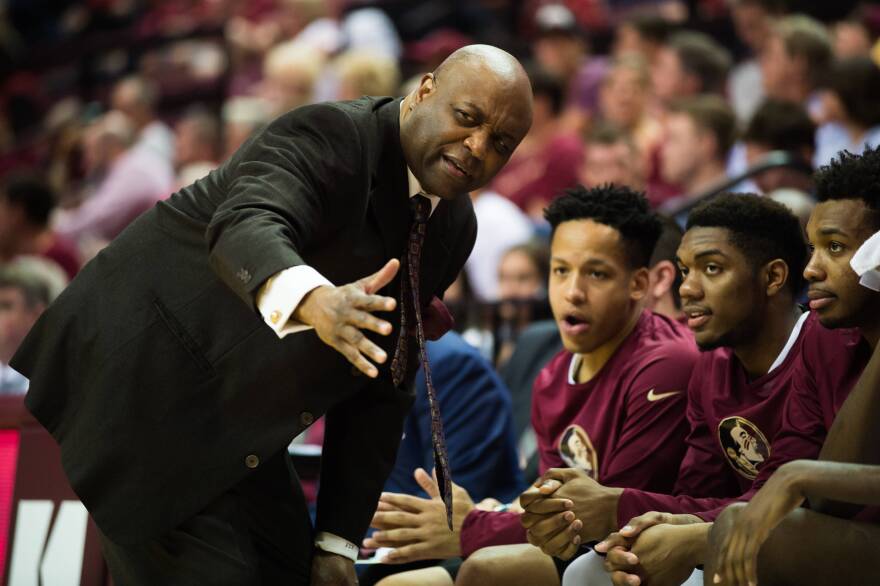 FSU Men's Basketball coach Leonard Hamilton talks to players (2/21/18).