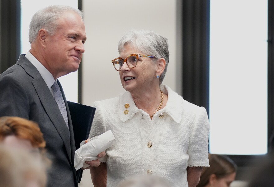 Senate Medical Affairs Committee Chairman Danny Verdin, R-Laurens, speaks with former Lexington Republican Sen. Katrina Shealy during a Senate Medical Affairs subcommittee hearing on S. 1095 at the Statehouse on April 14, 2026.