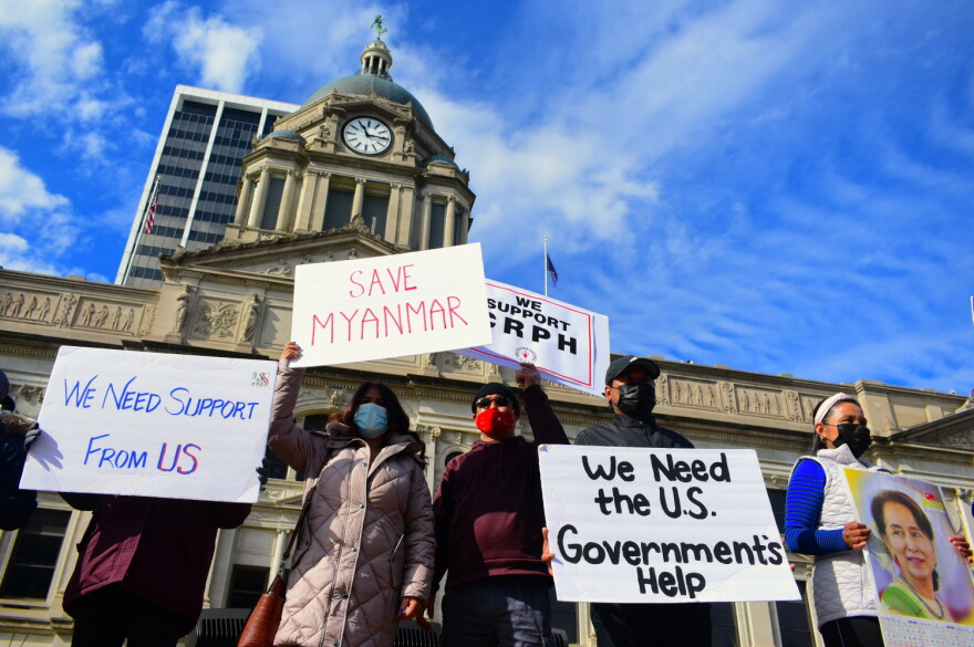 Hundreds protested the military coup in Myanmar, also known as Burma, Sunday in front of the Allen County courthouse.