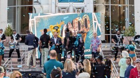 Fans celebrated in front of Orlando City Hall on Tuesday evening after the NFL voted to temporarily relocate the Jacksonville Jaguars to Orlando's Camping World Stadium for the 2027 NFL season.