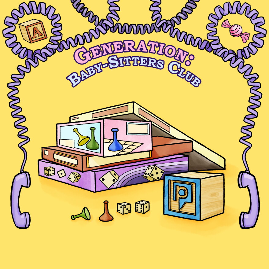 An illustration of table top games stacked on top of each other, plus some dice, pawn pieces and a baby block are spilled outside. Above the games is the podcast title "Generation: Baby-Sitters Club."