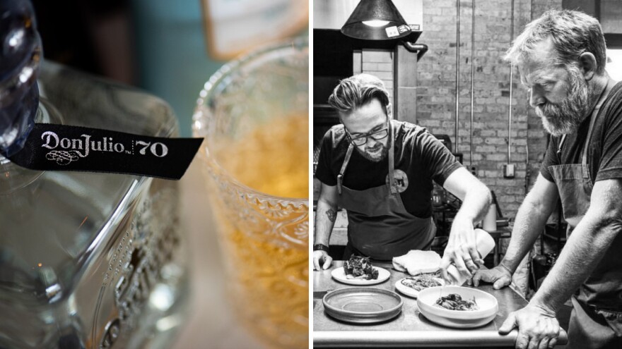 A side-by-side photo of a bottle of Don Julio tequila alongside a glass, and two bearded men in aprons preparing food in a restaurant kitchen.