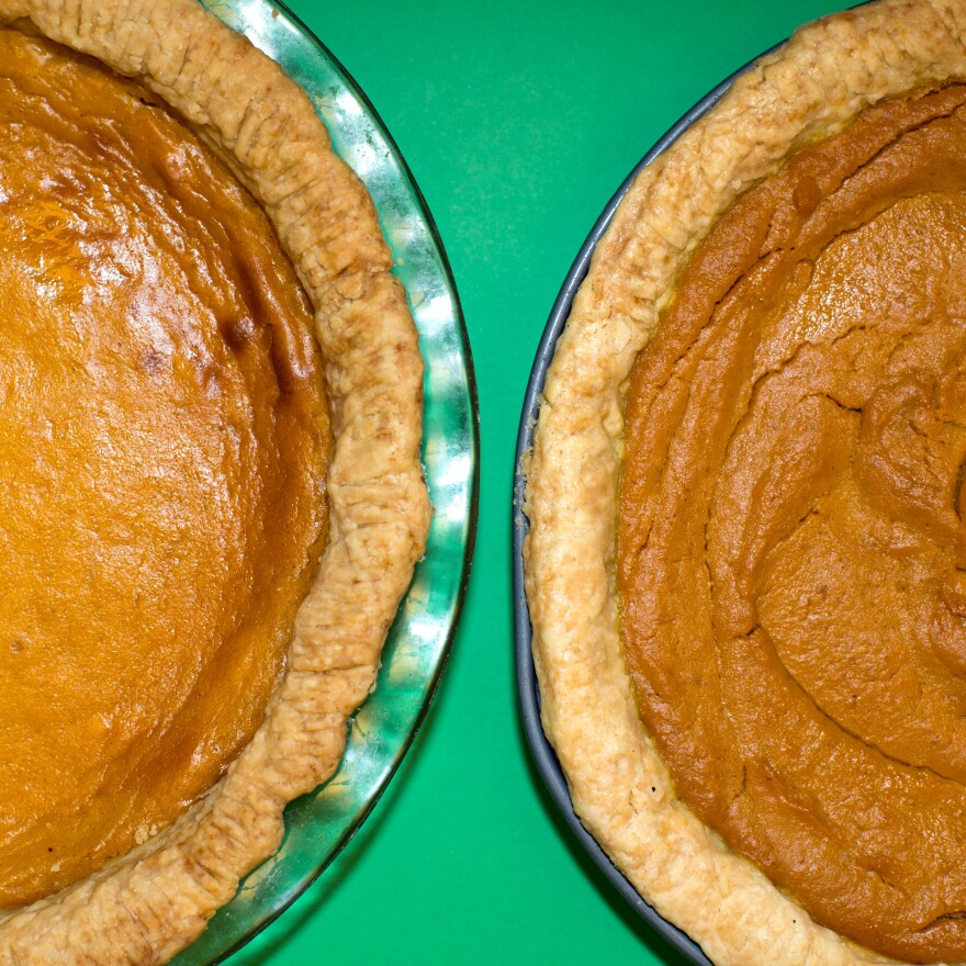 The pie on the left was made with cream cheese and squash; the pie on the right was made with canned pumpkin.