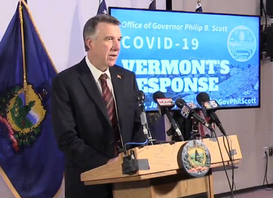 Gov. Phil Scott, seen here at his media briefing Friday, said employees in the hospitality sector account for a quarter of the total unemployment numbers in Vermont.