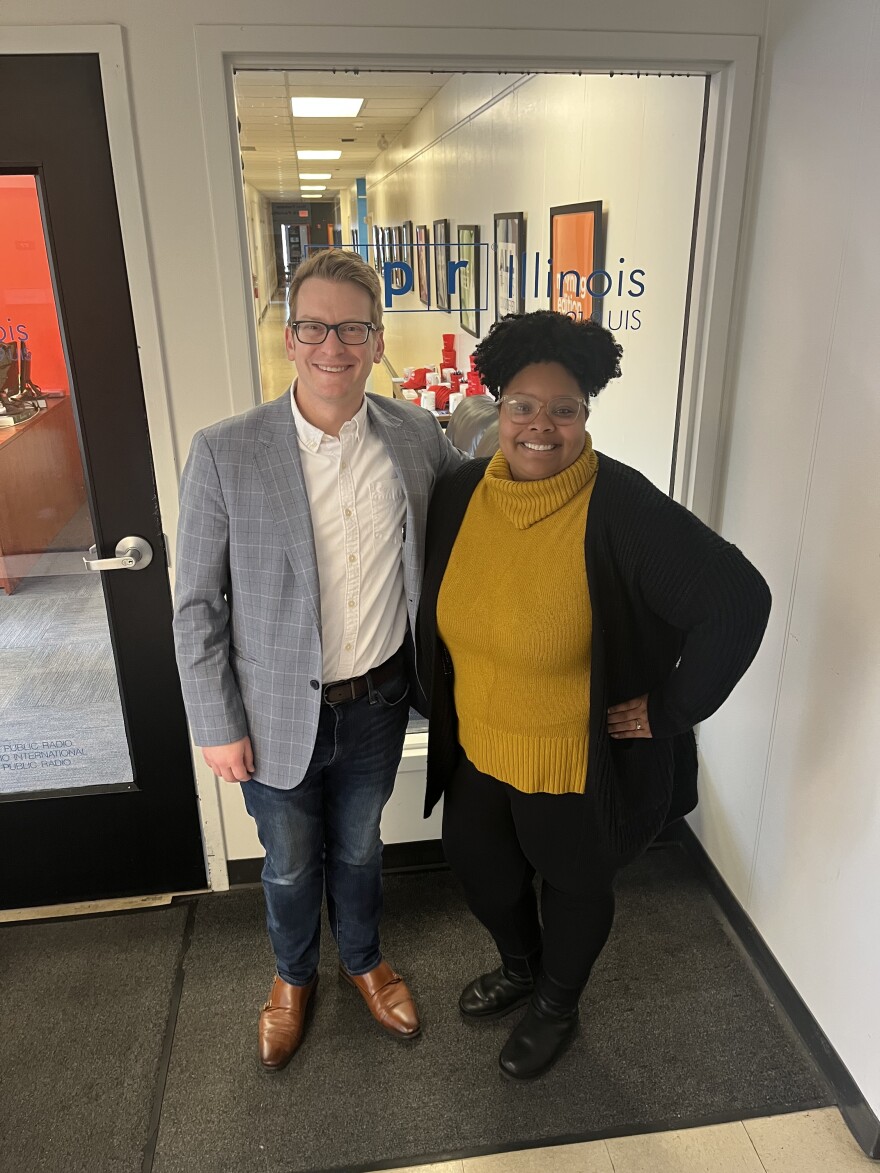 Jake Friefeld and Bea Bonner at the NPR Illinois studios on the campus of the University of Illinois Springfield.