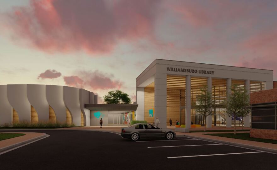 A rendering of Williamsburg's proposed new downtown library building, designed by Hourigan and Tymoff+Moss.