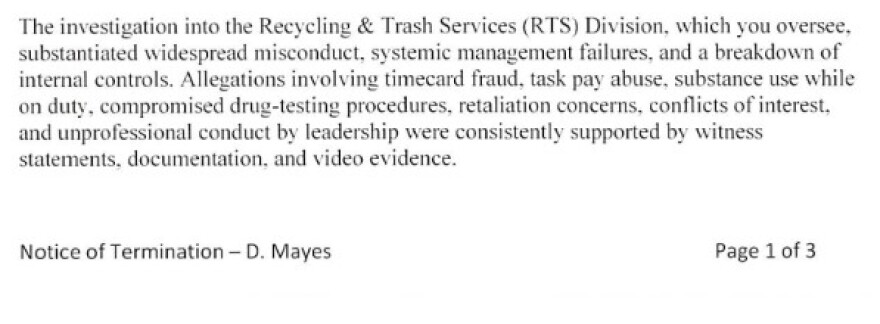 From the termination letter for David Mayes.