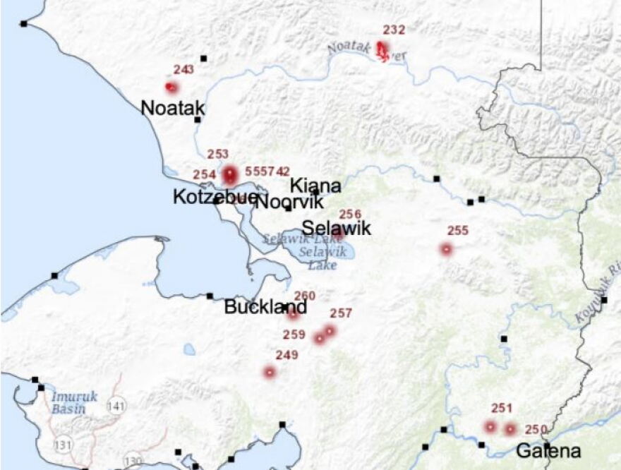 Map of fires burning in the area include new fires (numbers 250-263) that started on June 22, 20121 after lightning rolled through part of Western Alaska from Galena north to the Kobuk River Valley.
