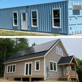Blue shipping container housing unit; new taupe-colored modular home with solar panels on roof