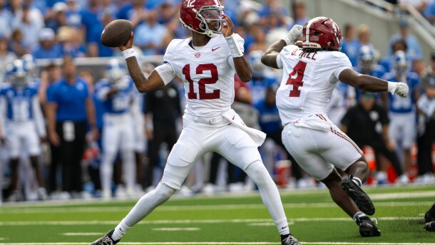 Alabama quarterback Keelon Russell (12) drops back to pass during the first half of an NCAA college football game against Kentucky, Saturday, Sept. 12, 2026, in Lexington, Ky. (AP Photo/Tony Wagner)